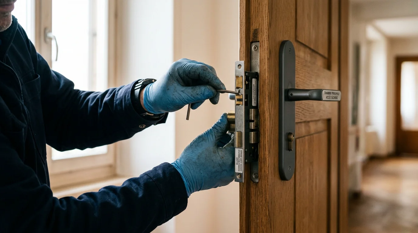 Technicien installant une serrure multipoints renforcée sur une porte