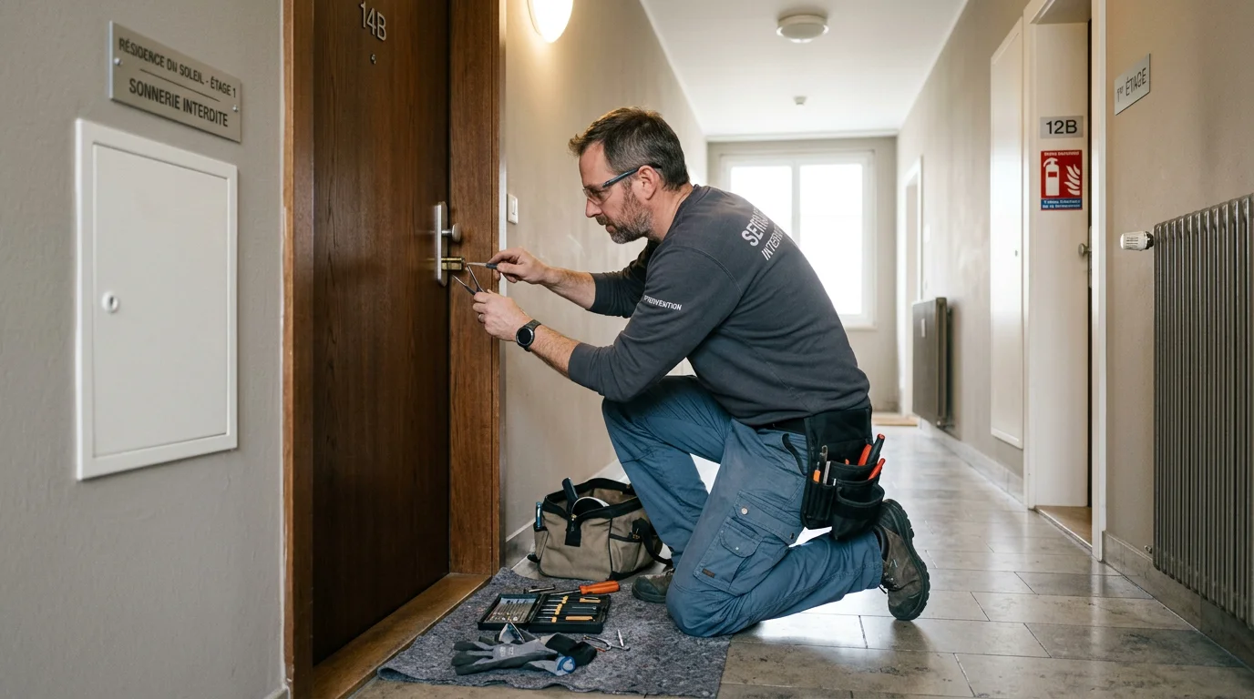 Serrurier professionnel intervenant sur une serrure de porte d'appartement à Genève