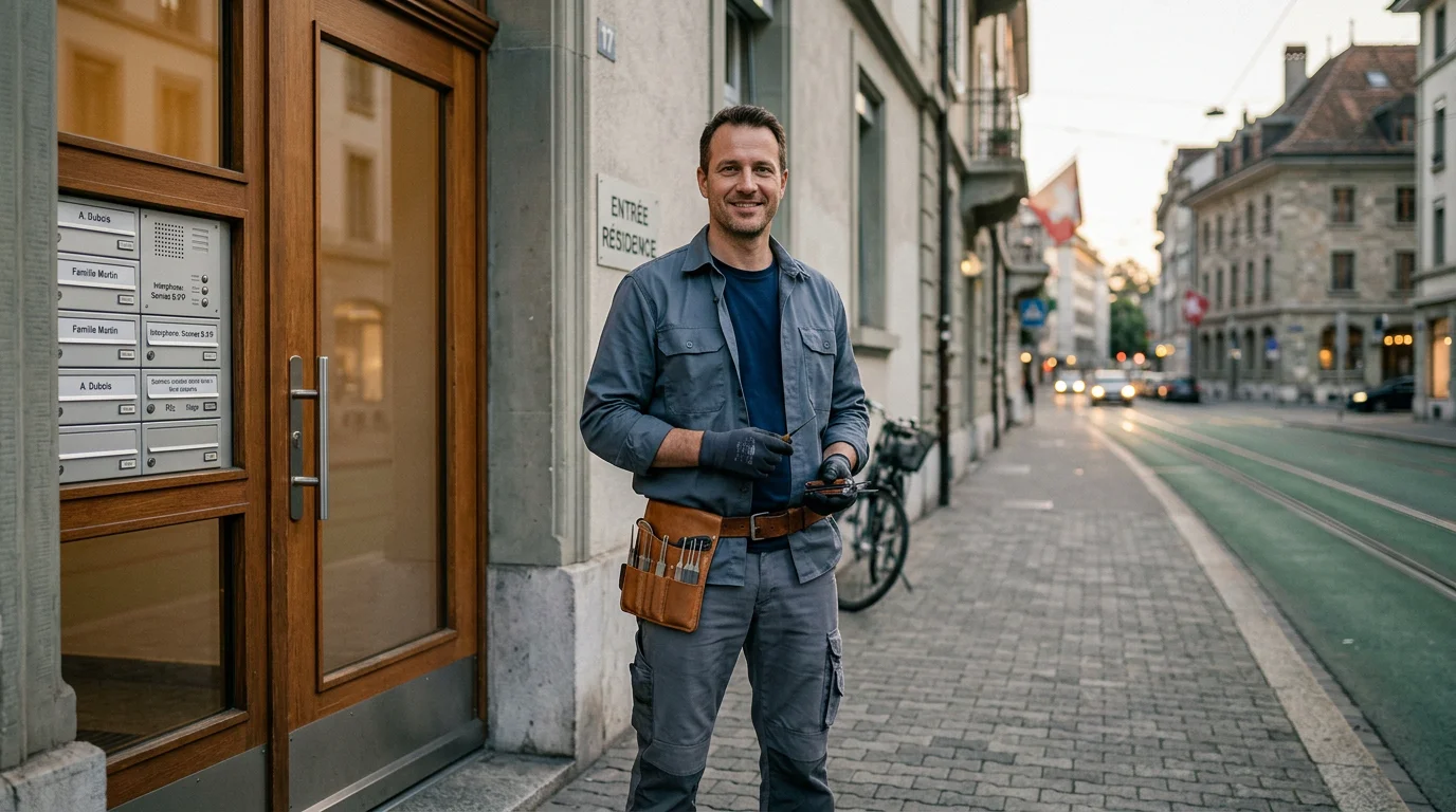 Serrurier professionnel devant une porte d'entrée d'immeuble à Genève