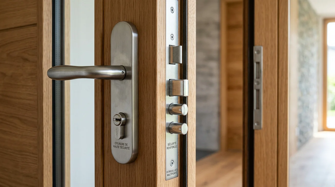 Serrure multipoints haute sécurité installée sur une porte d'entrée renforcée