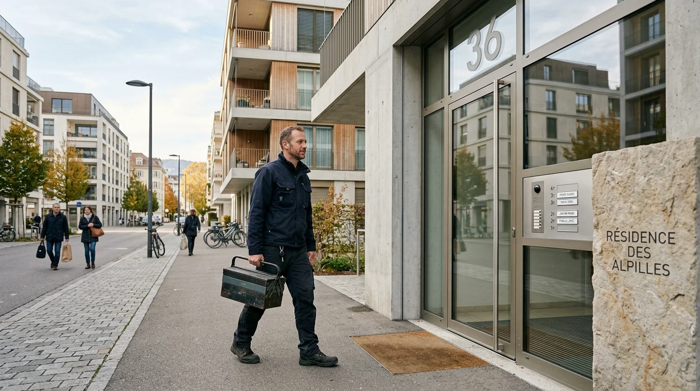 Serrurier professionnel arrivant devant l'entrée d'un immeuble résidentiel à Genève