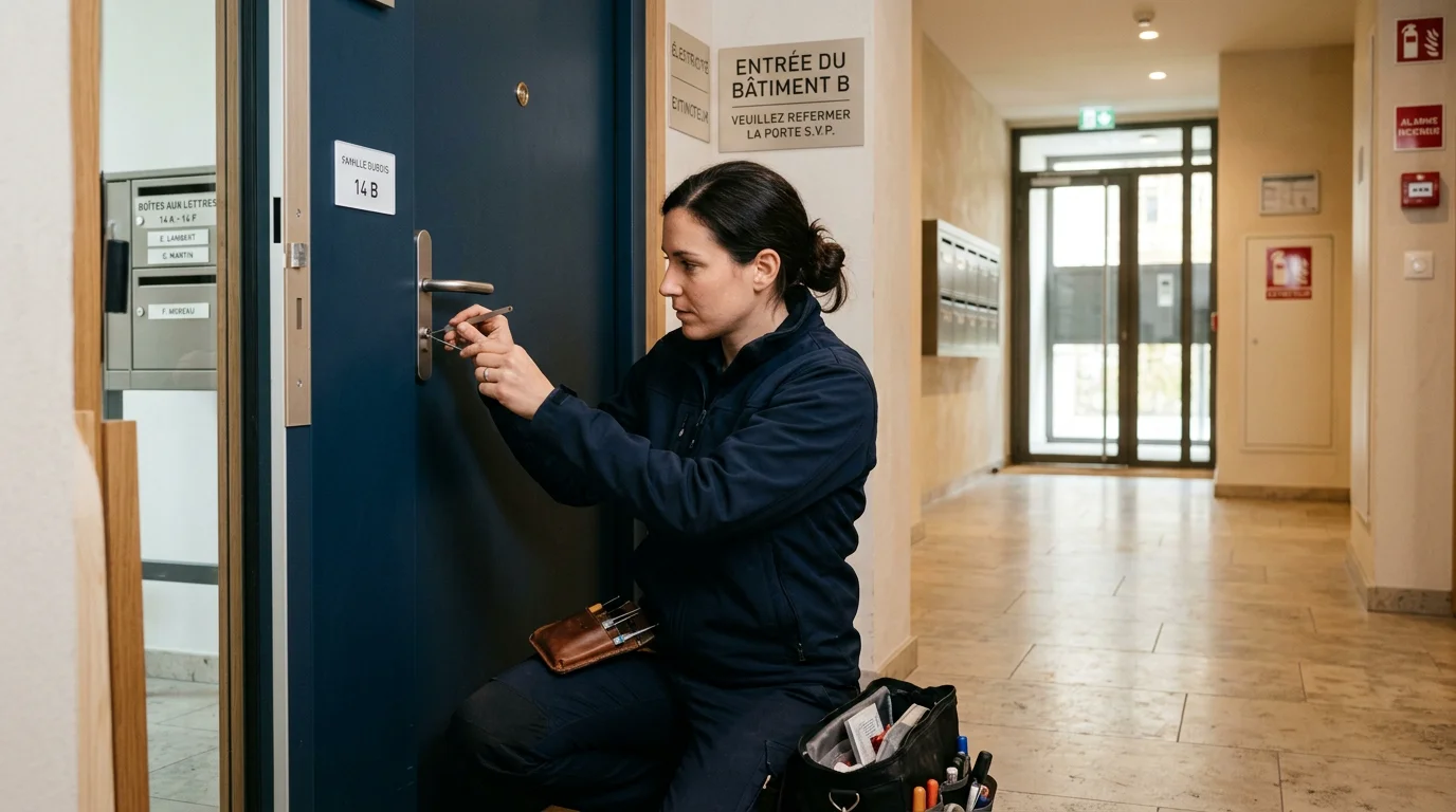 Serrurier professionnel intervenant sur un cylindre de porte d'appartement à Genève