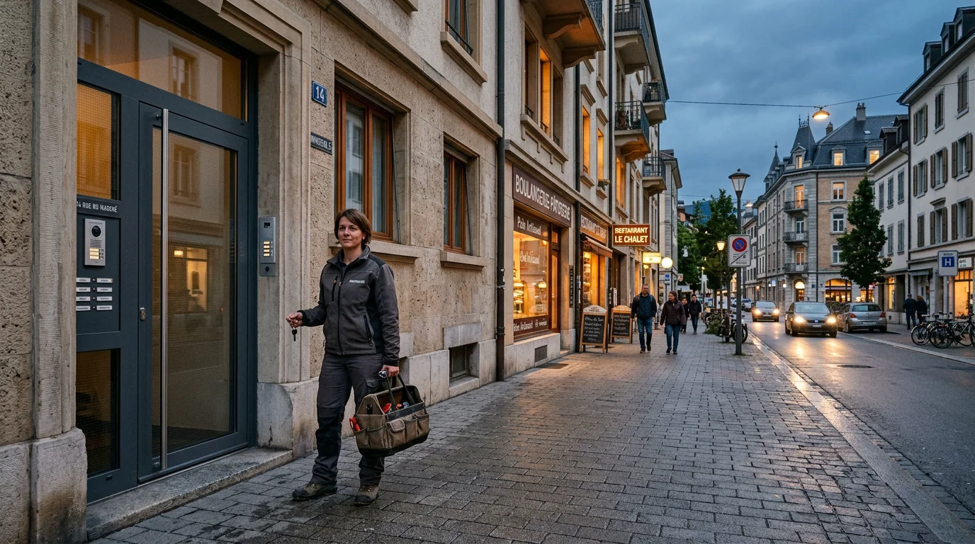 Serrurier prêt à intervenir dans une rue du quartier des Acacias à Genève