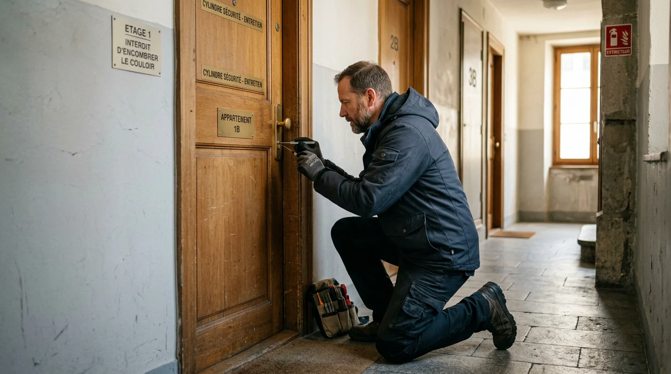 Serrurier professionnel ouvrant une porte d'appartement aux Acacias à Genève