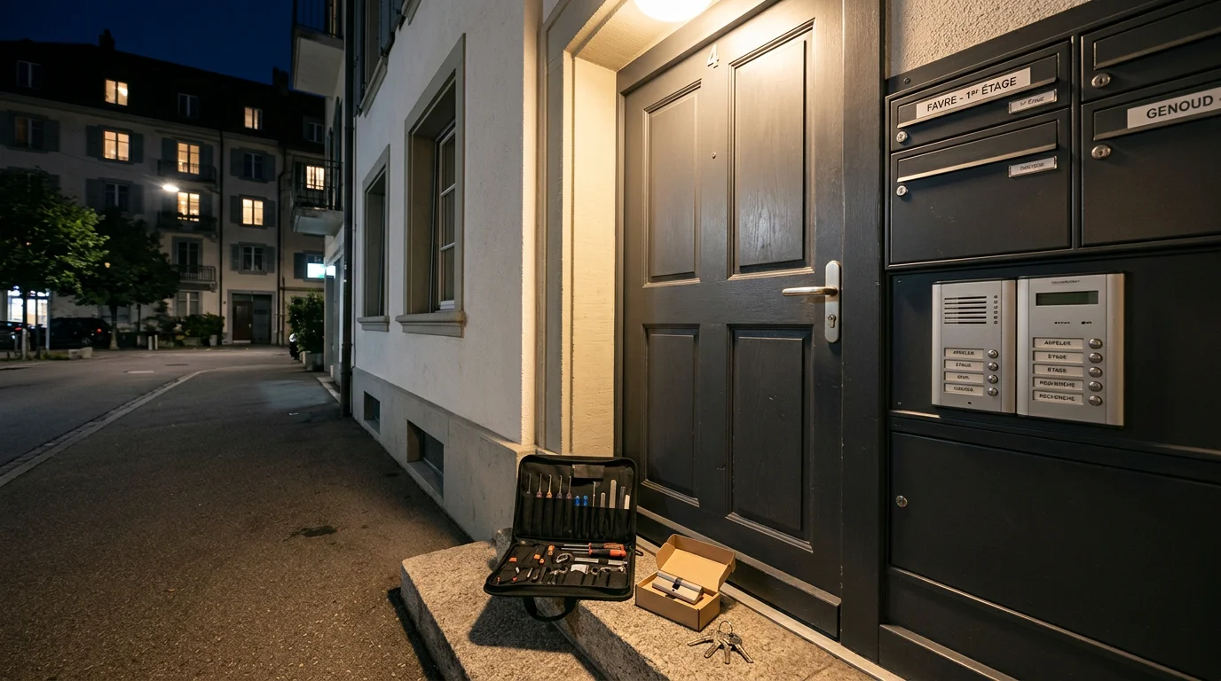 Porte d'appartement la nuit avec outils de serrurier et cylindre neuf