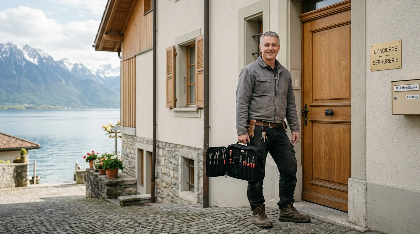 Serrurier professionnel devant un immeuble résidentiel à Versoix, canton de Genève