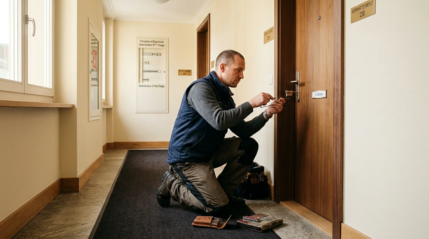 Serrurier réparant une serrure de porte dans un immeuble résidentiel à Versoix