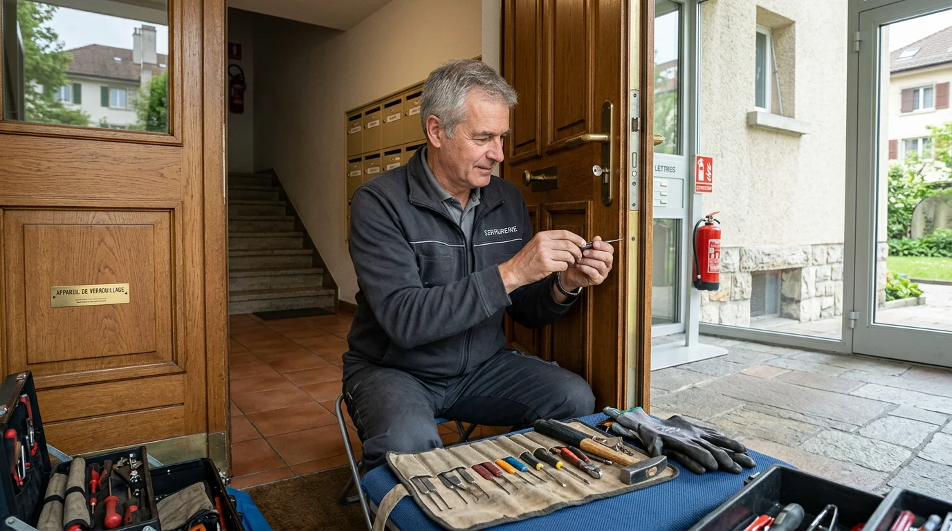 Serrurier professionnel travaillant sur une serrure de porte résidentielle en journée