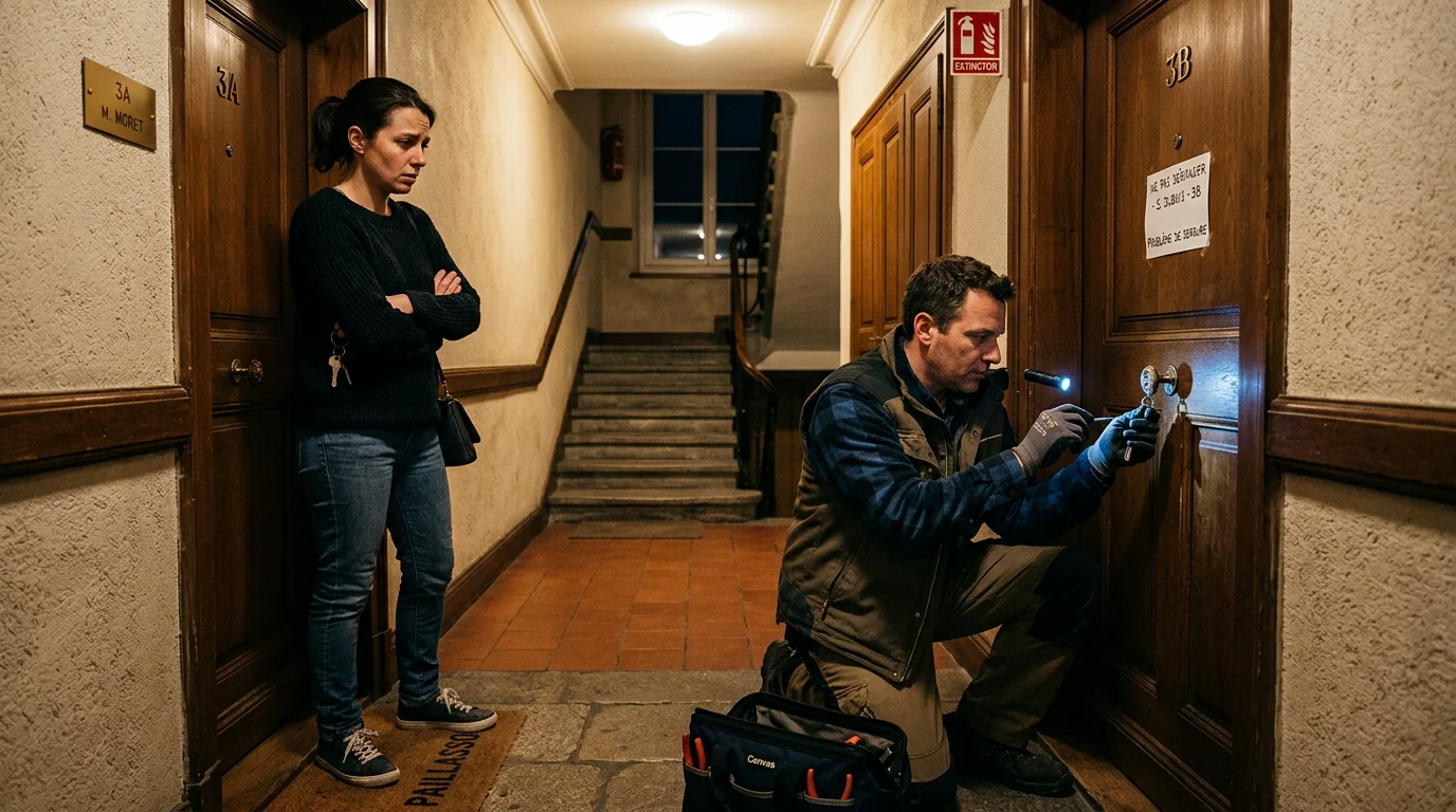Personne inquiète devant une porte verrouillée pendant qu'un technicien examine la serrure