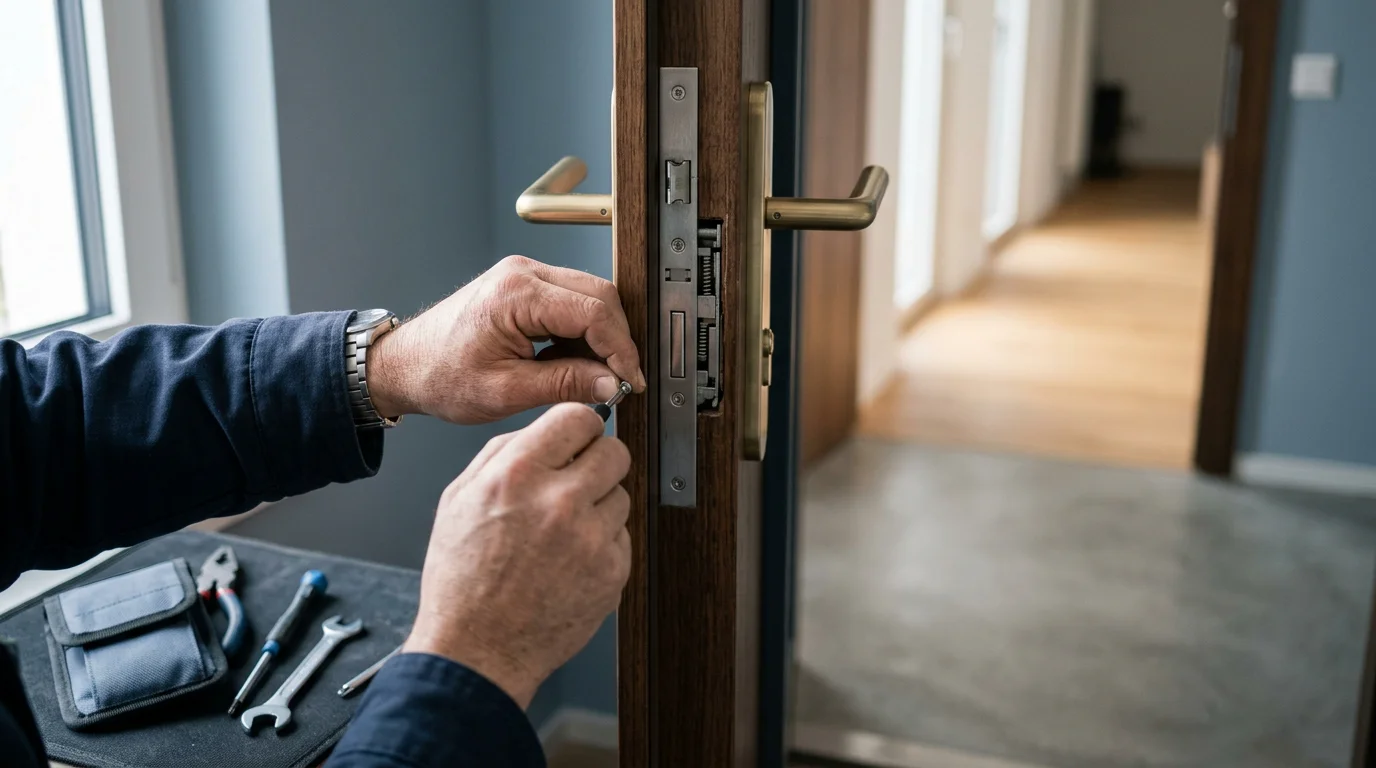 Serrurier professionnel installant une serrure de haute sécurité sur une porte