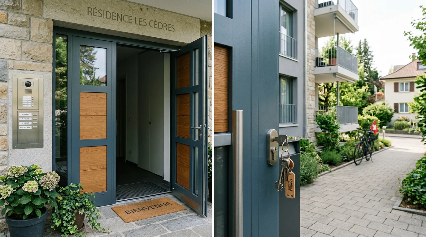 Porte d'entrée sécurisée d'un logement résidentiel à Bernex