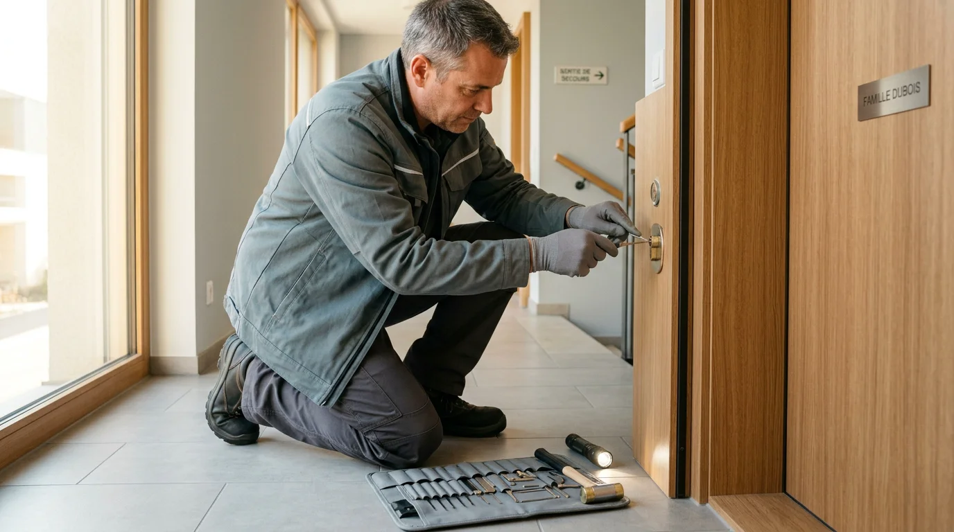 Serrurier professionnel réparant une serrure de porte d'appartement à Bernex