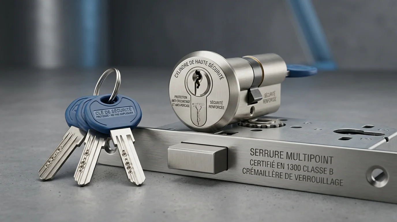 Serrure multipoints et cylindre haute sécurité présentés en gros plan