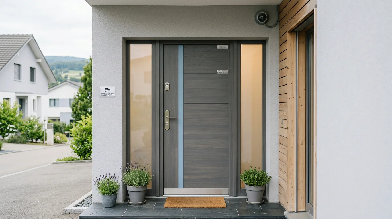 Porte renforcée avec serrure multipoints et caméra de sécurité extérieure