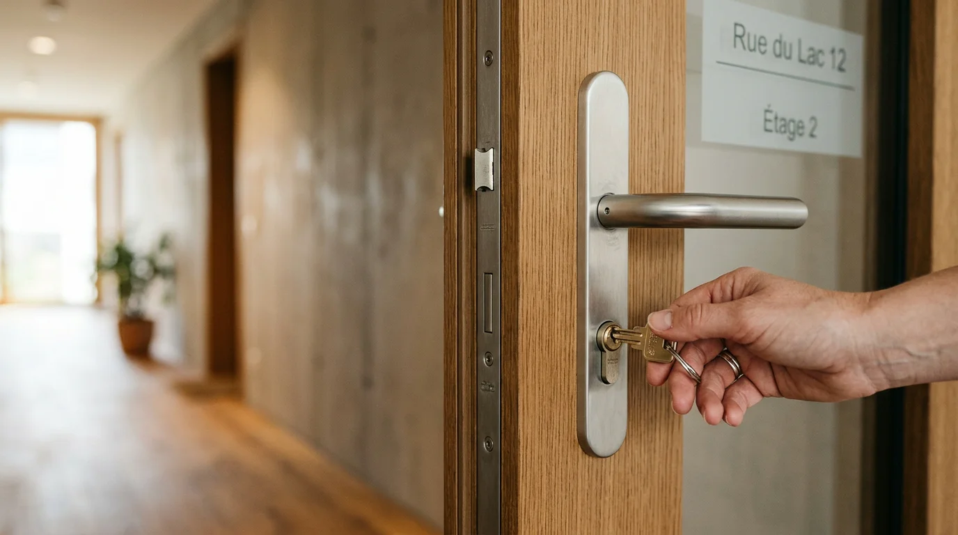 Personne verrouillant une porte équipée d'une serrure multipoint à Genève