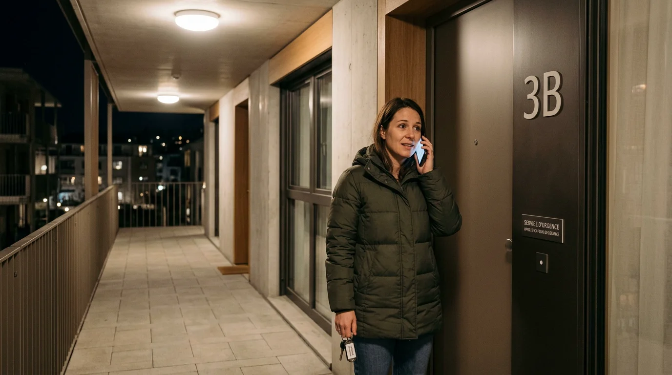 Personne appelant un serrurier d'urgence devant la porte de son immeuble à Genève