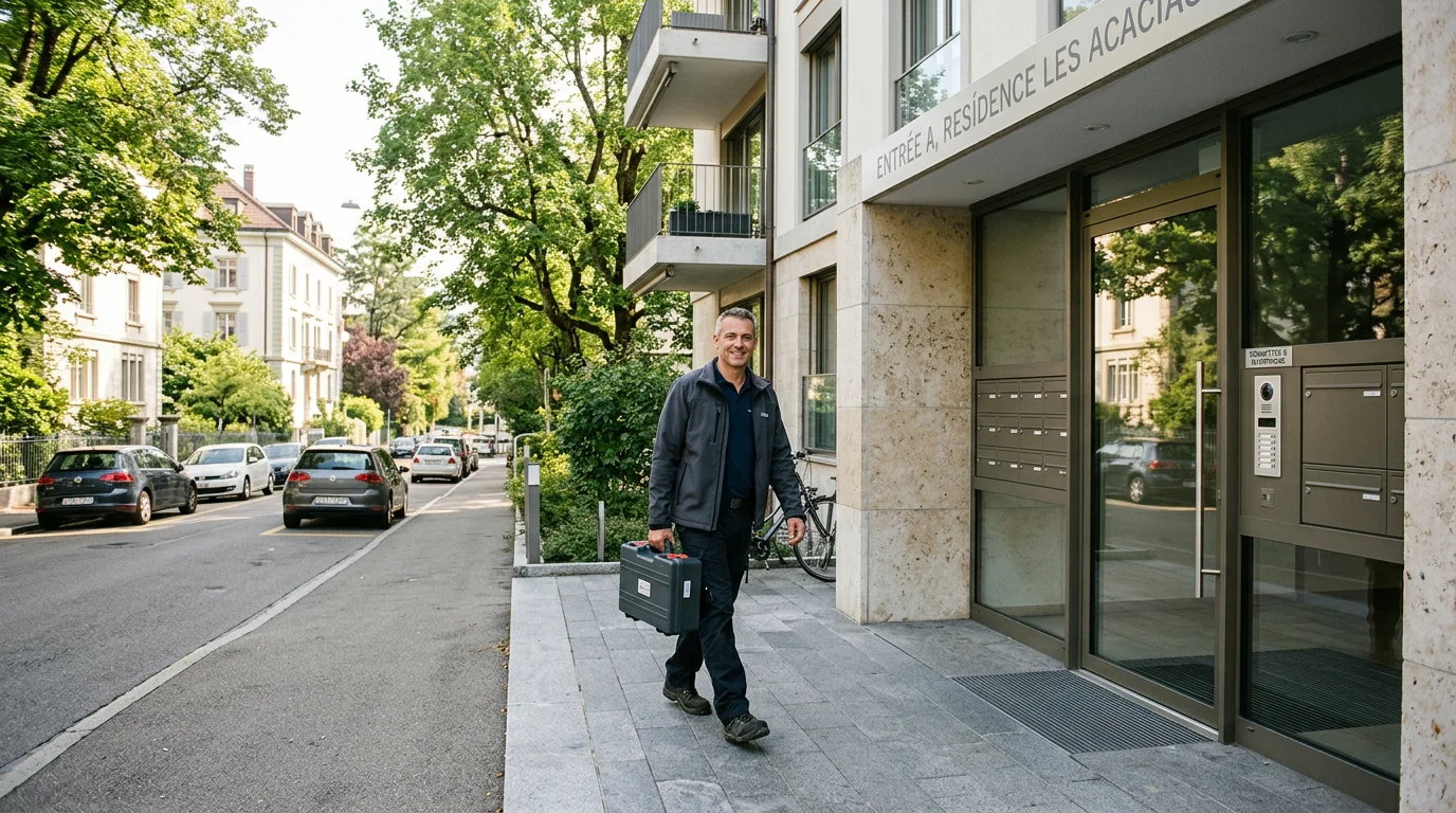 Serrurier professionnel arrivant devant un immeuble résidentiel à Champel, Genève