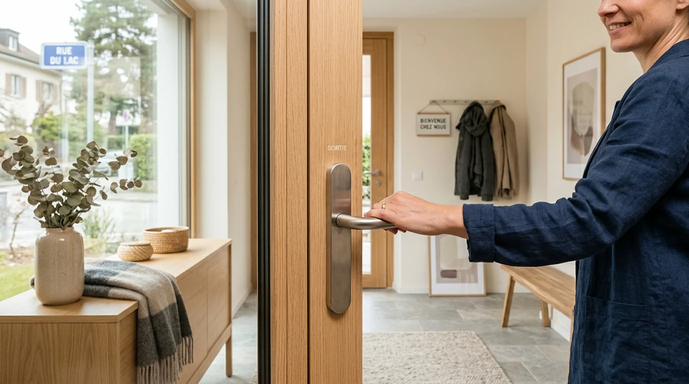 Main ouvrant une porte grâce à une poignée ergonomique à levier dans une entrée lumineuse