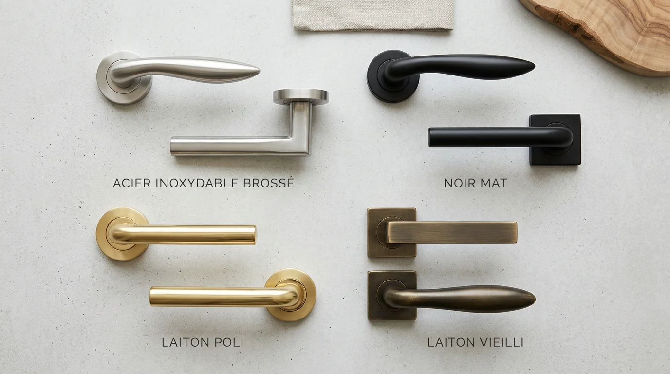 Plusieurs poignées de porte ergonomiques dans différentes finitions présentées à plat