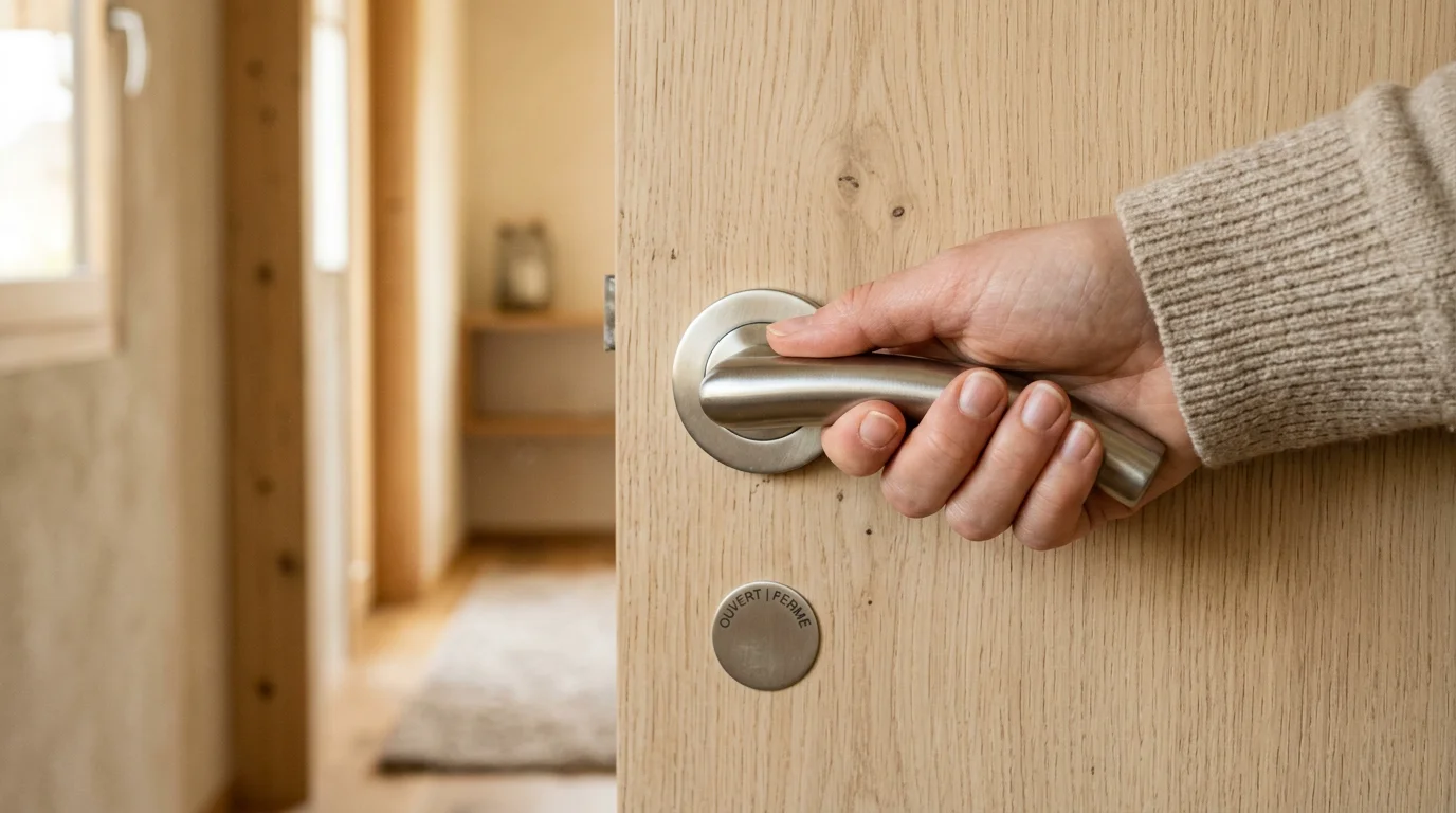 Main saisissant une poignée ergonomique à levier en inox brossé sur une porte intérieure