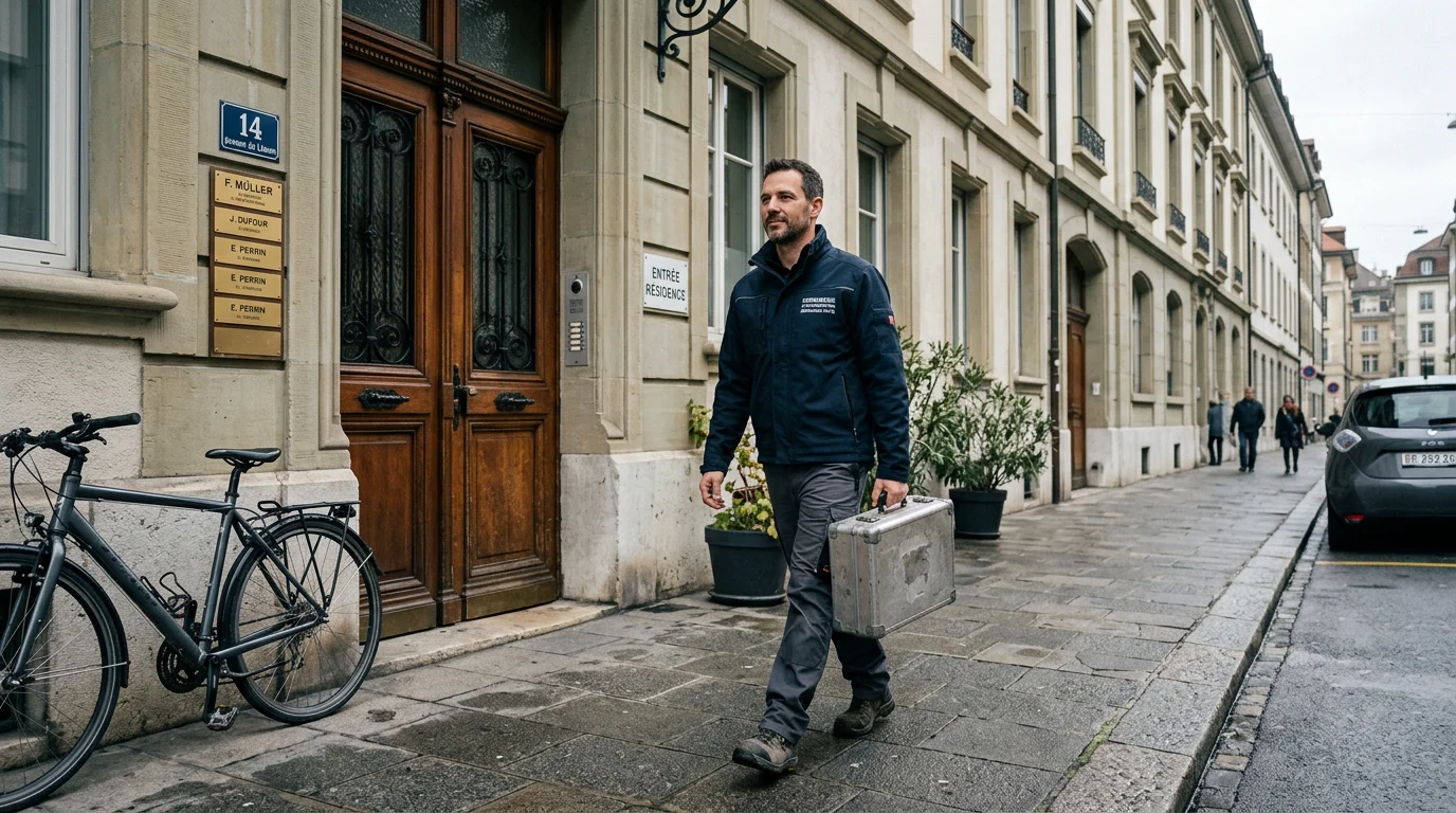 Serrurier professionnel devant l'entrée d'un immeuble à Genève