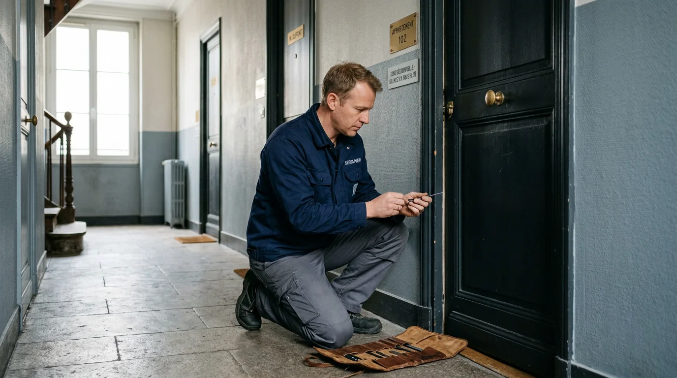 Serrurier réparant un cylindre de porte d'entrée dans un immeuble