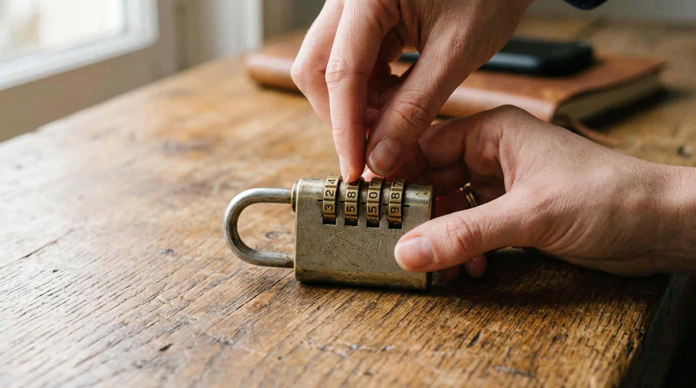 Mains réglant les molettes d'un cadenas à combinaison pour changer le code