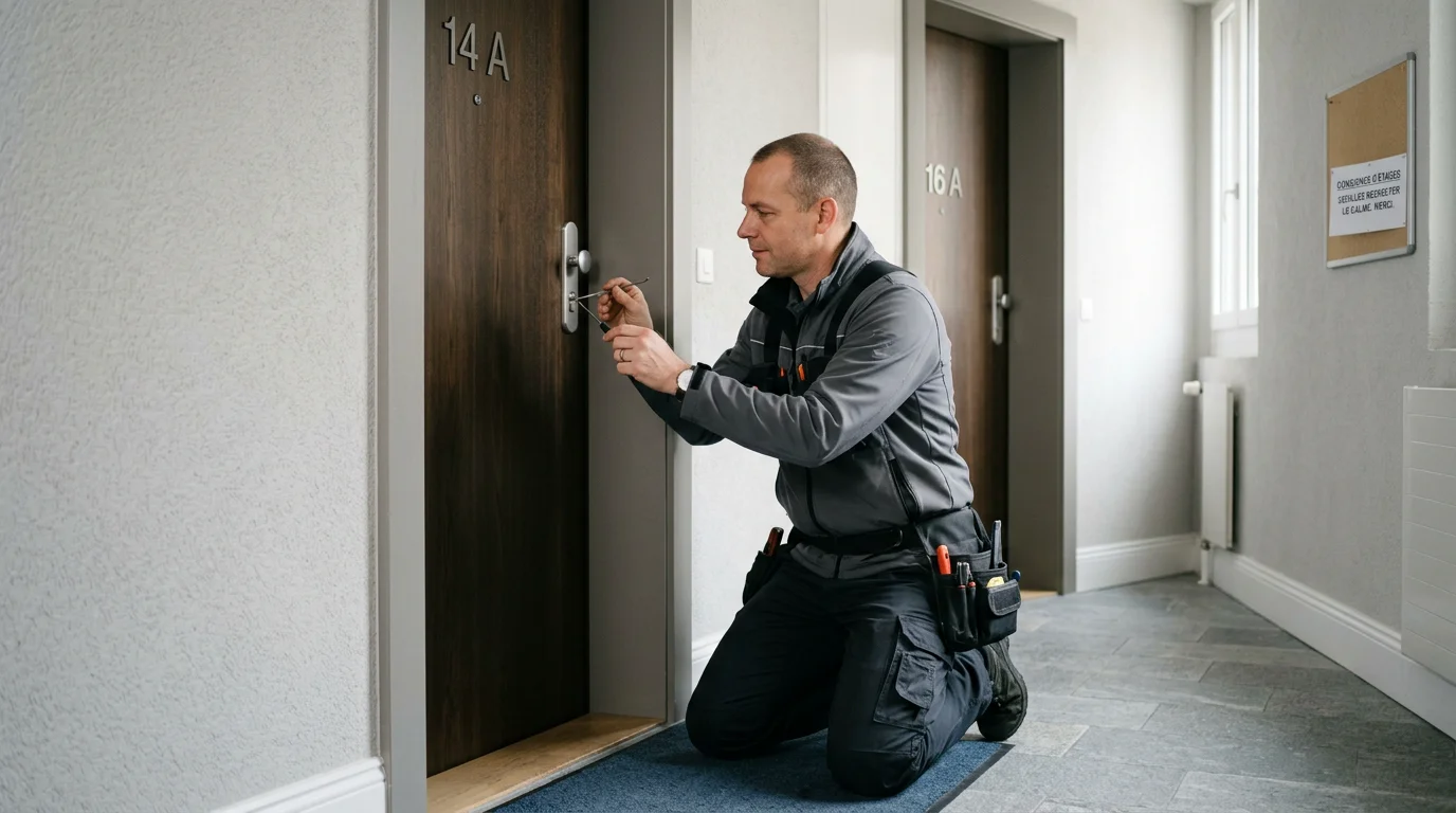 Serrurier professionnel intervenant sur le cylindre d'une porte d'appartement à Plan-les-Ouates