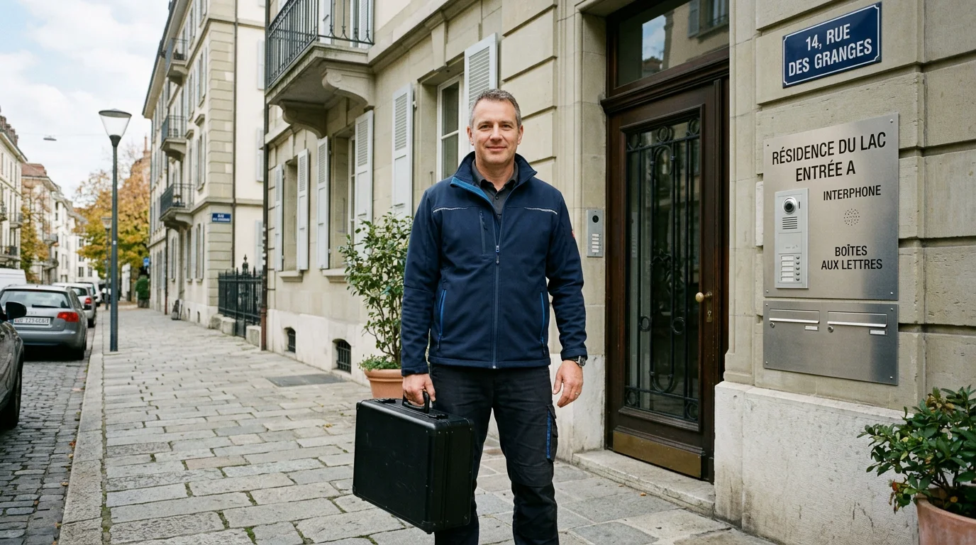 Serrurier professionnel devant un immeuble résidentiel aux Charmilles à Genève
