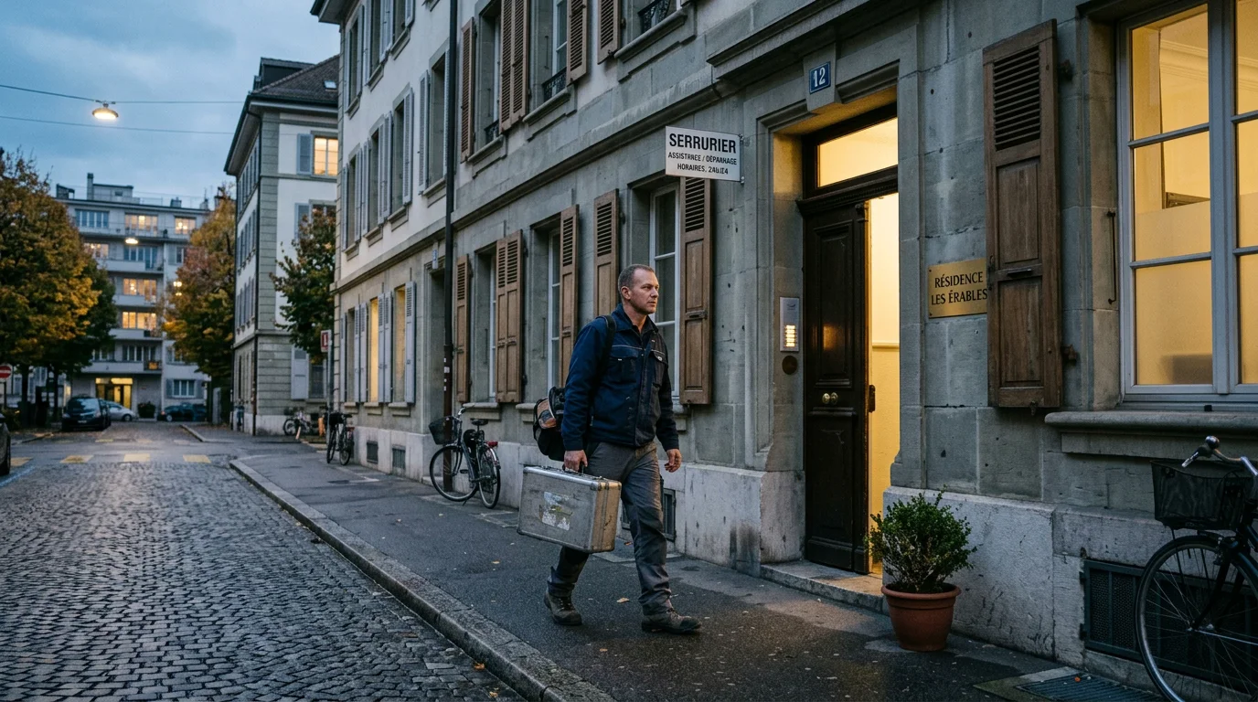Serrurier de proximité arrivant devant un immeuble résidentiel à Genève