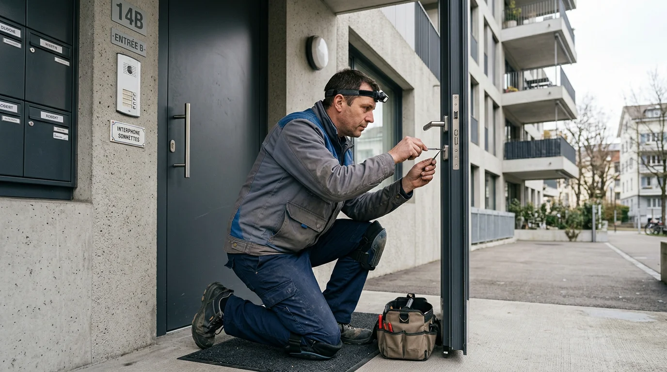 Serrurier professionnel ouvrant une porte d'appartement à Genève sans l'endommager