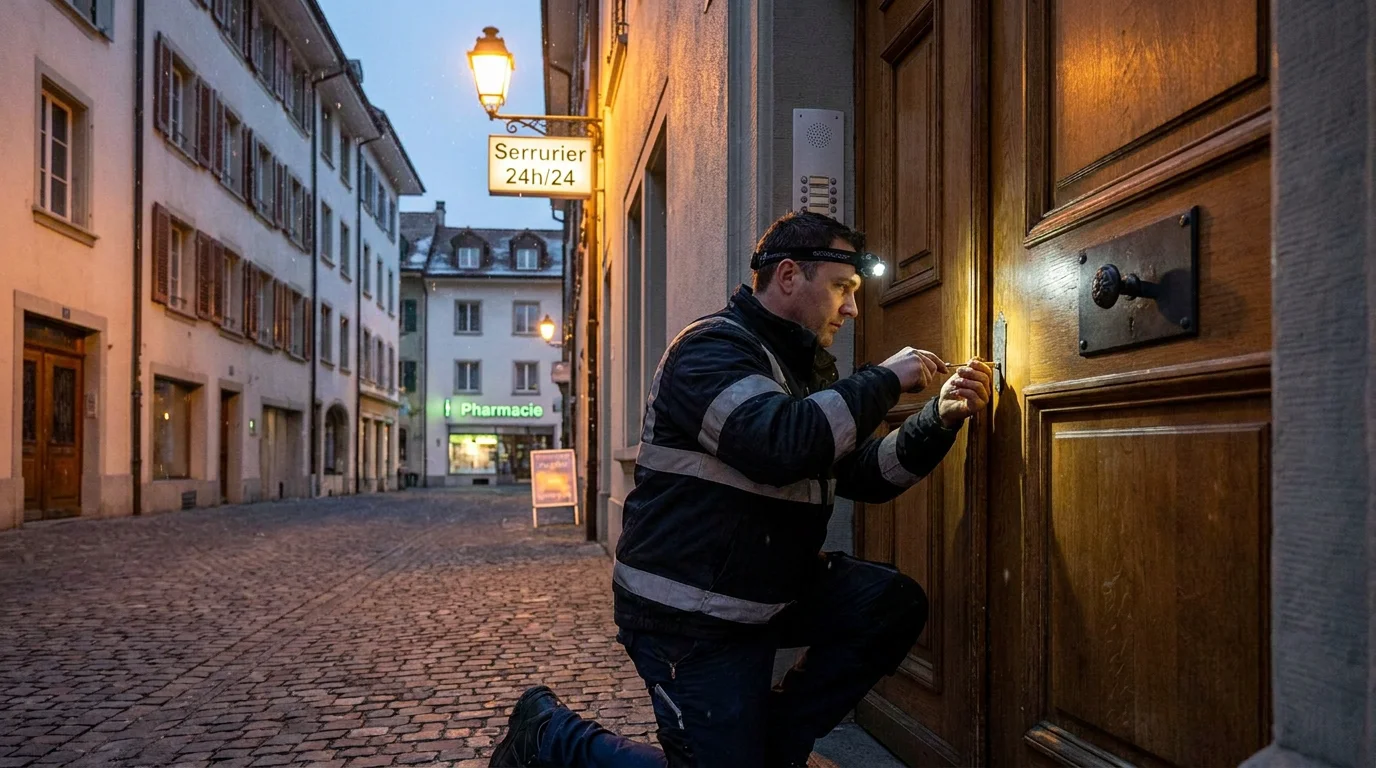 Serrurier professionnel intervenant en urgence sur une porte d'entrée à Genève en soirée