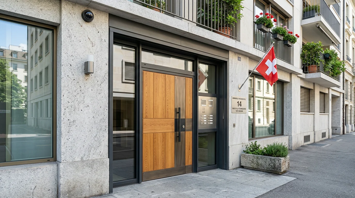 Porte blindée moderne installée à l'entrée d'un immeuble genevois