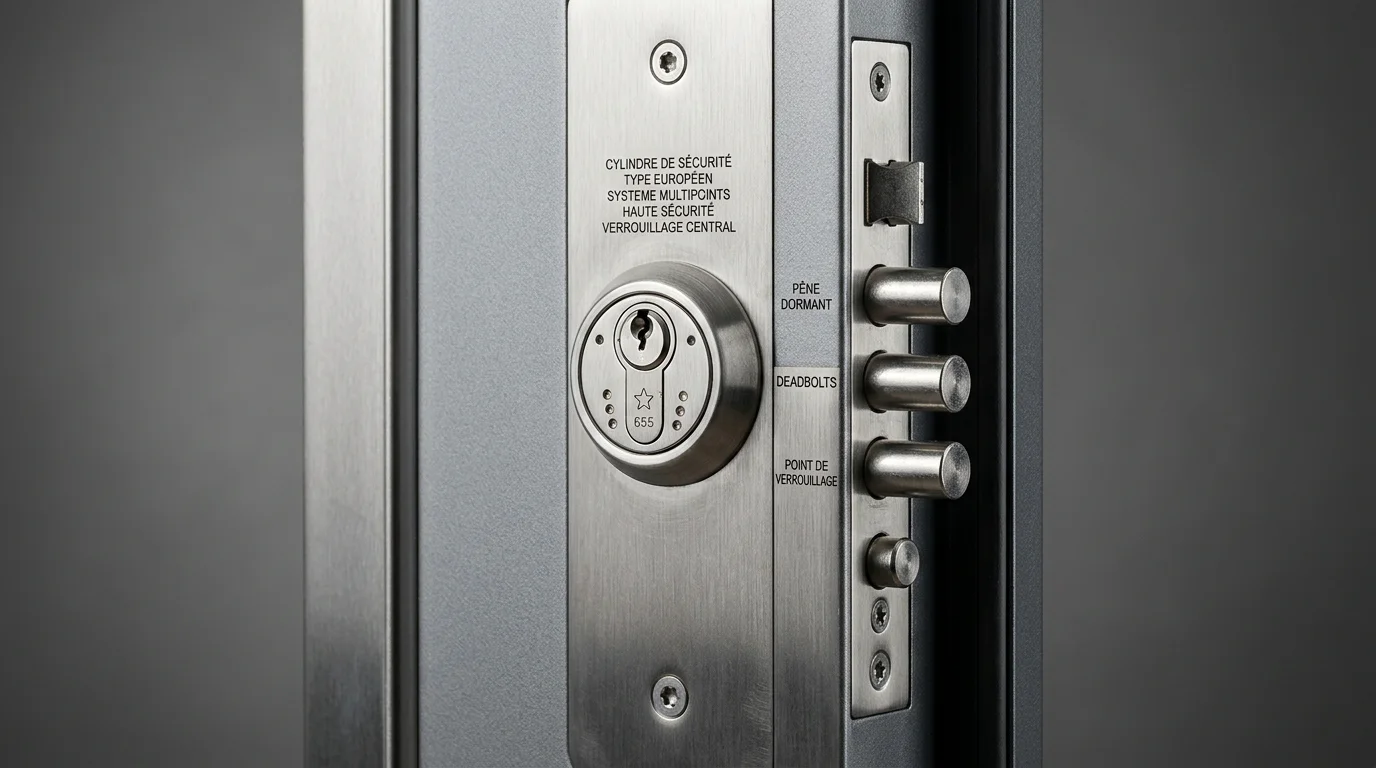 Serrure multipoints et cylindre de sécurité d'une porte blindée en gros plan