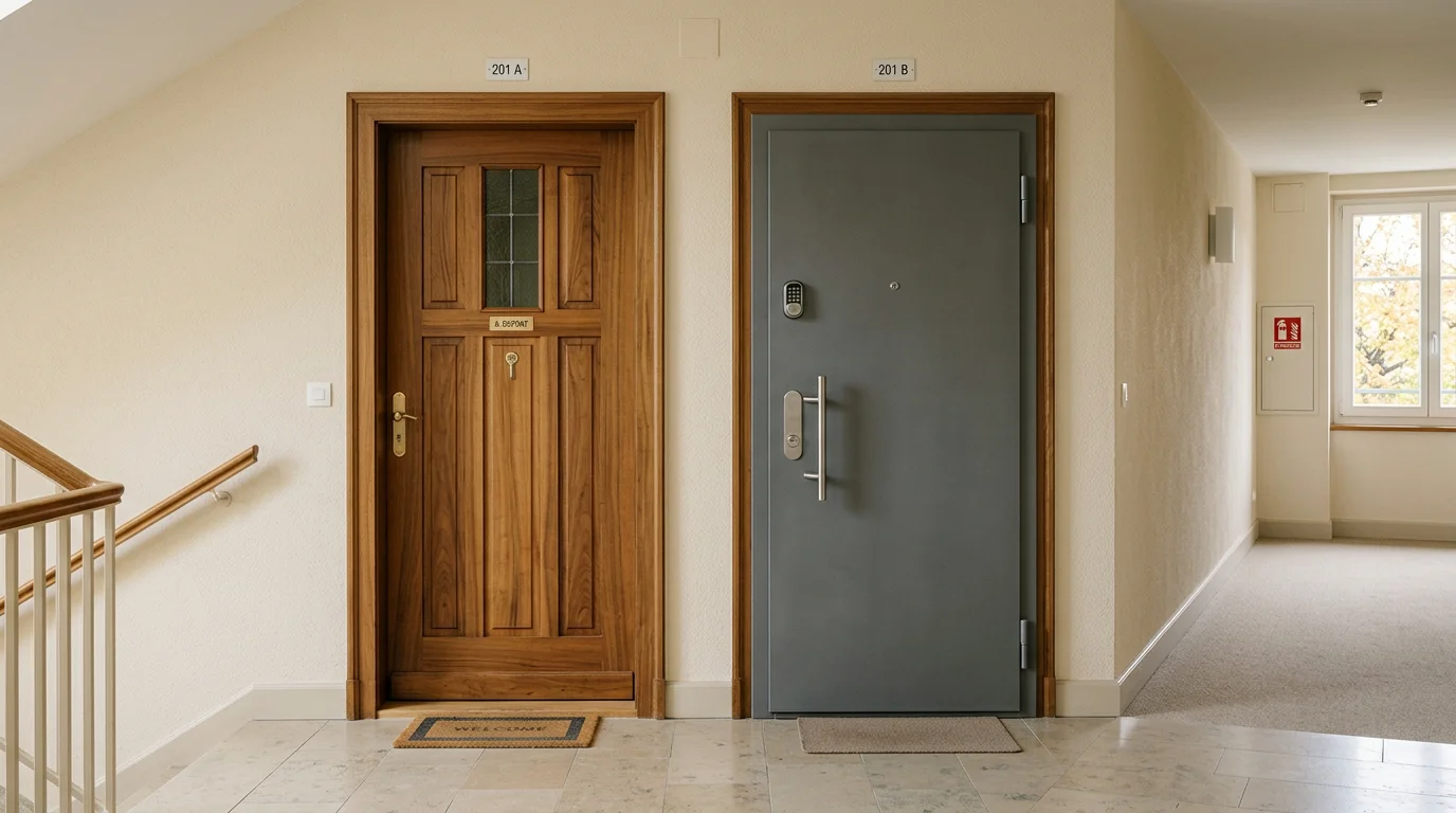 Comparaison entre une porte d'entrée classique et une porte blindée dans un immeuble
