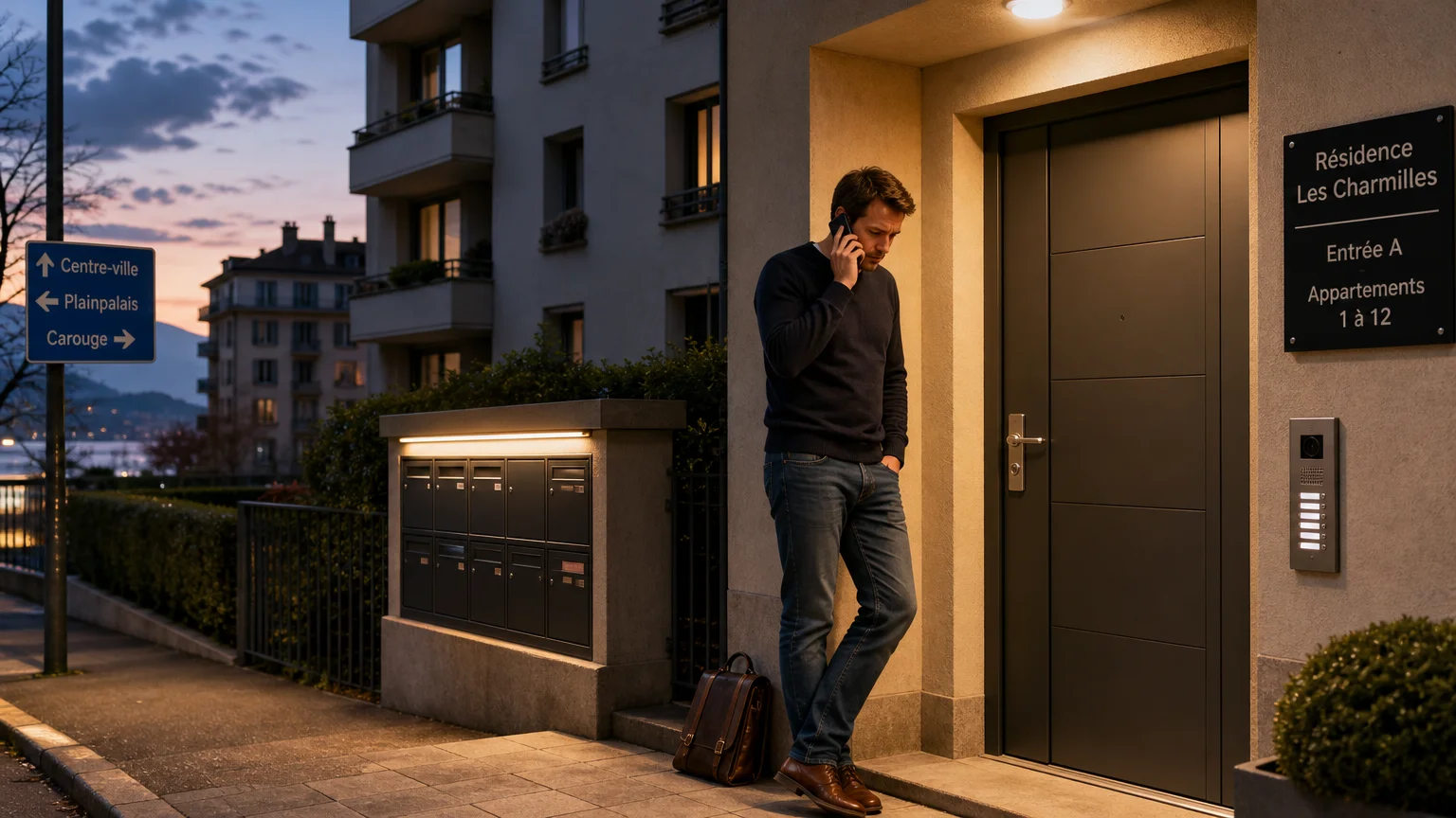 Habitant appelant un serrurier d'urgence devant sa porte à Genève