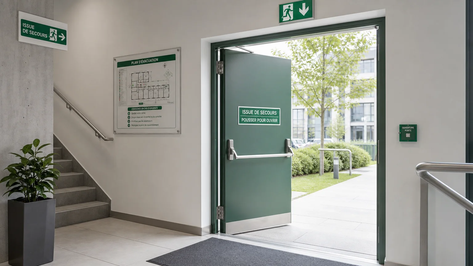 Porte de sortie de secours verte équipée d'une barre anti-panique dans un bâtiment moderne