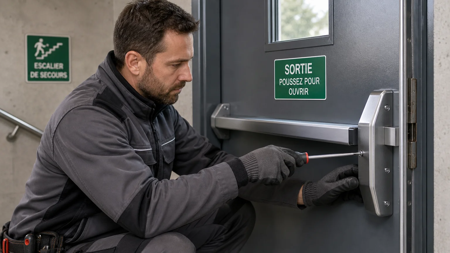 Technicien installant une barre anti-panique sur une porte de secours