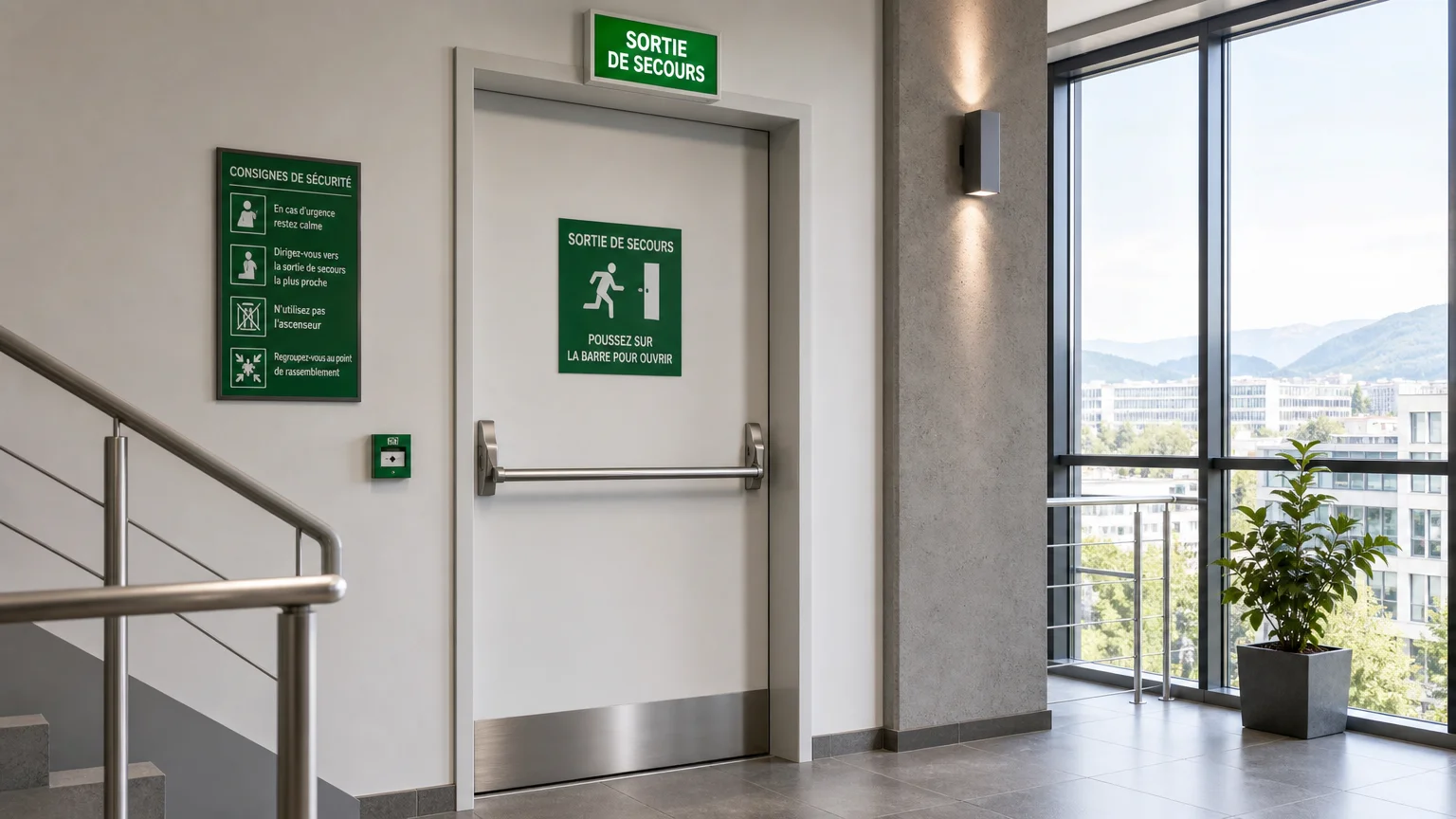 Porte de sortie de secours équipée d'une barre anti-panique dans un immeuble de bureaux