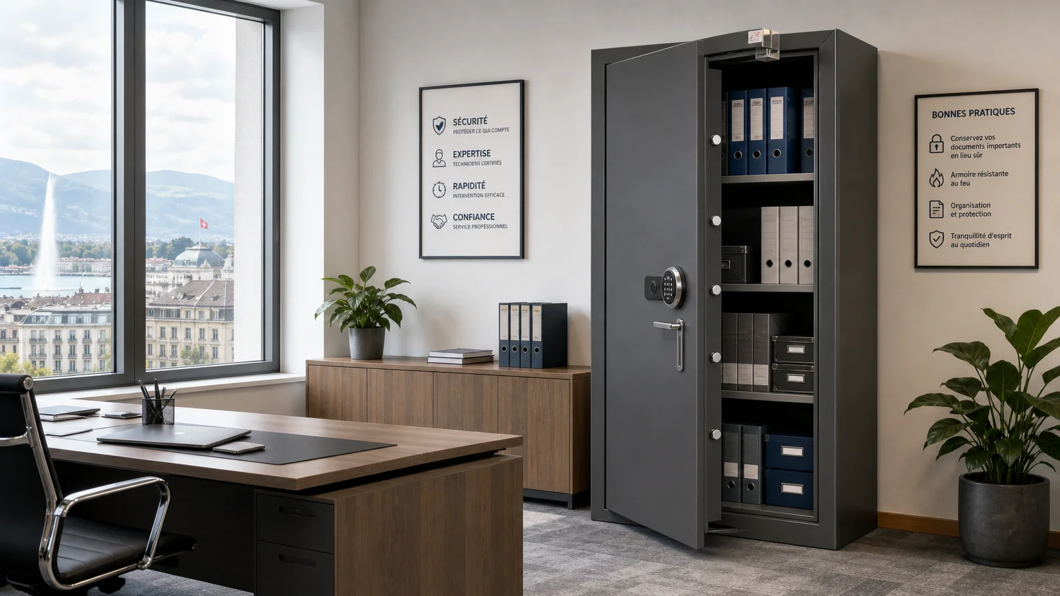 Grande armoire forte en acier dans un bureau moderne à Genève