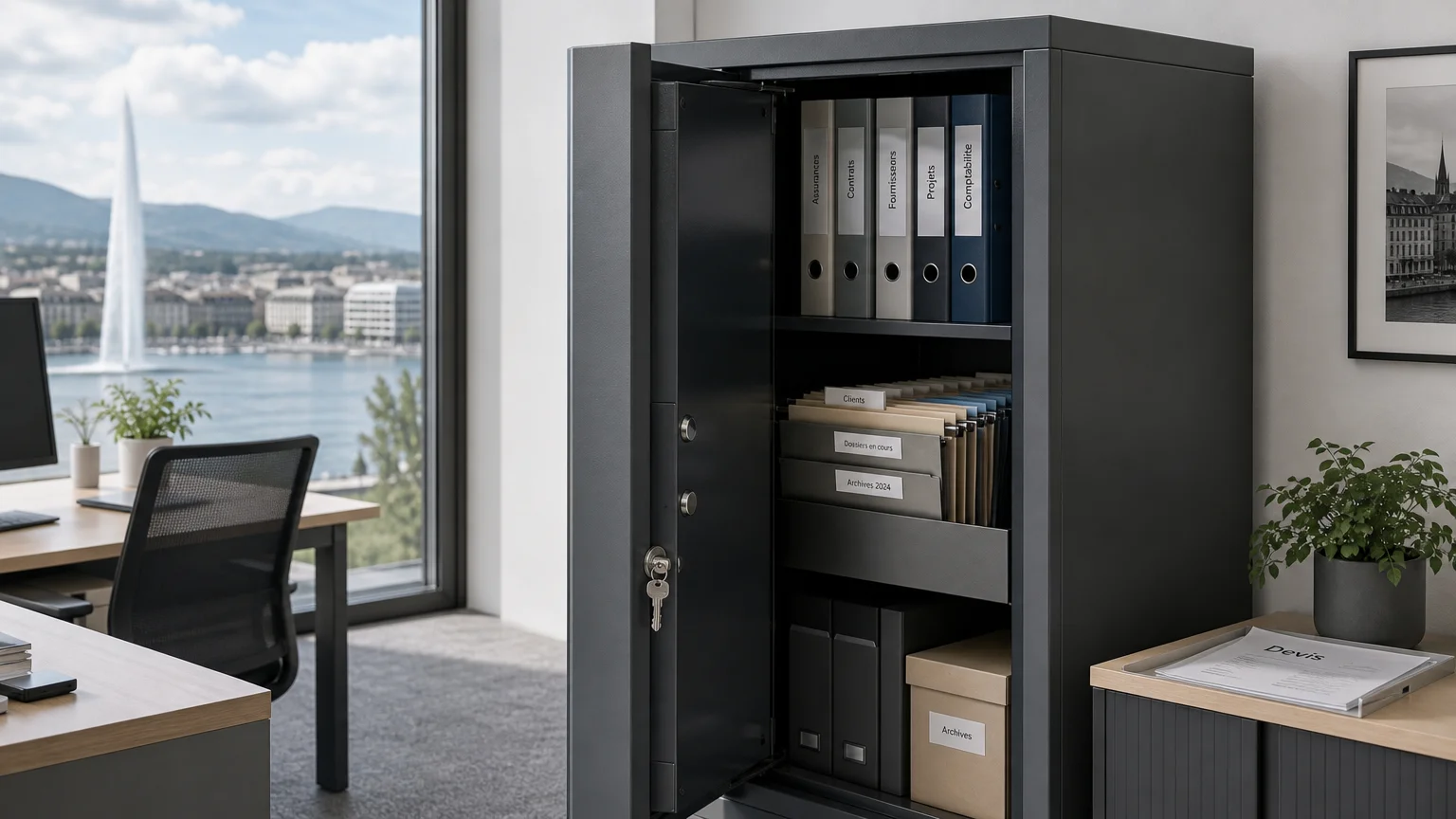 Armoire de sécurité entrouverte contenant des dossiers organisés dans un bureau