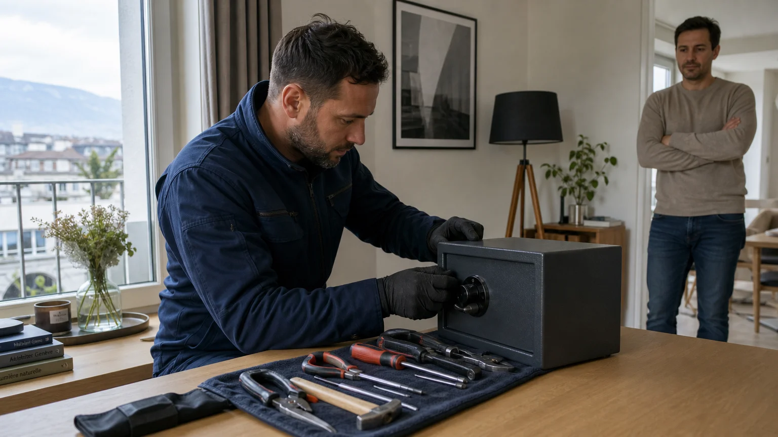 Technicien examinant un coffre-fort bloqué dans un appartement