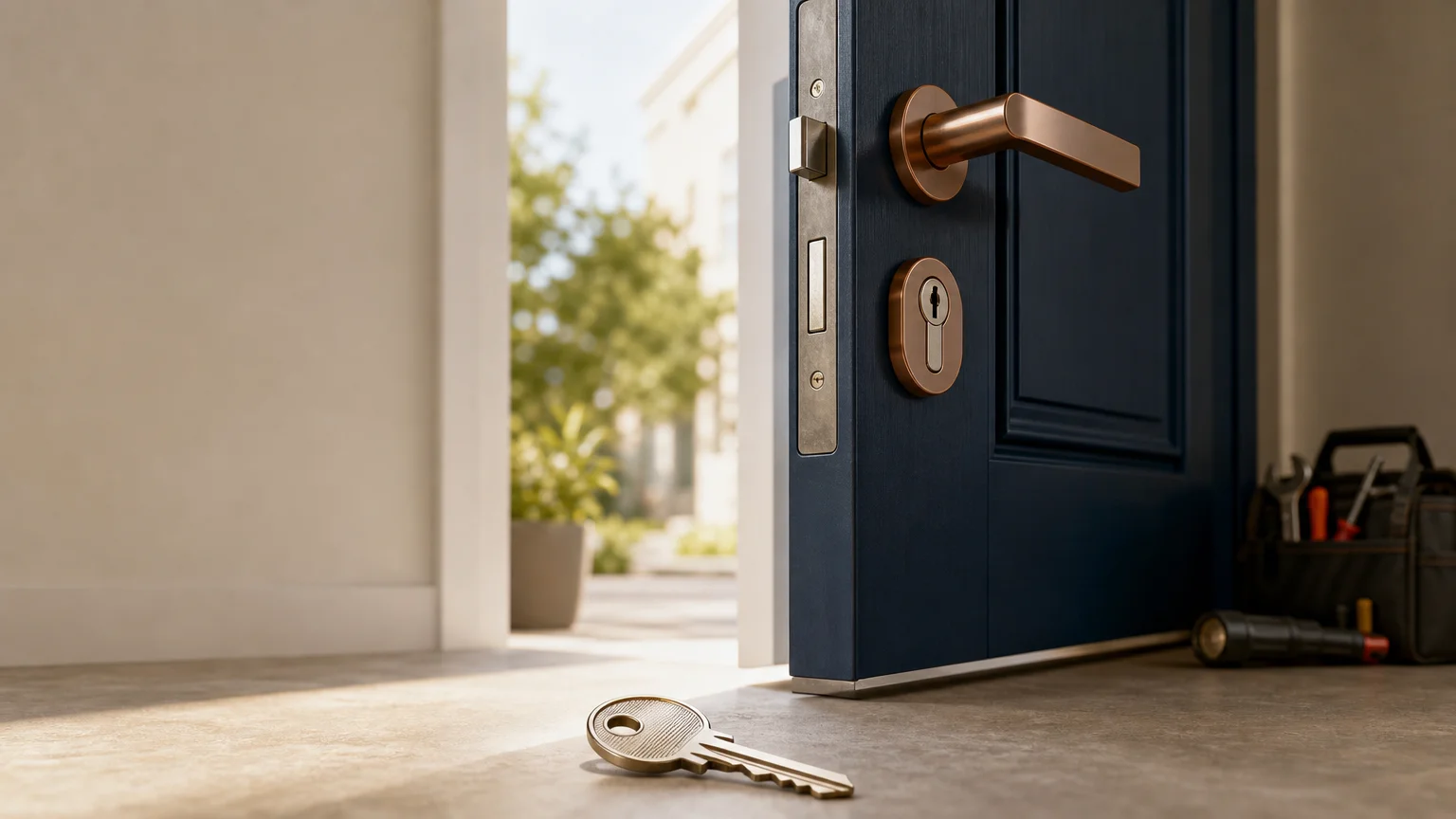 Porte d’entrée et clé illustrant un dépannage de serrurerie à Lancy