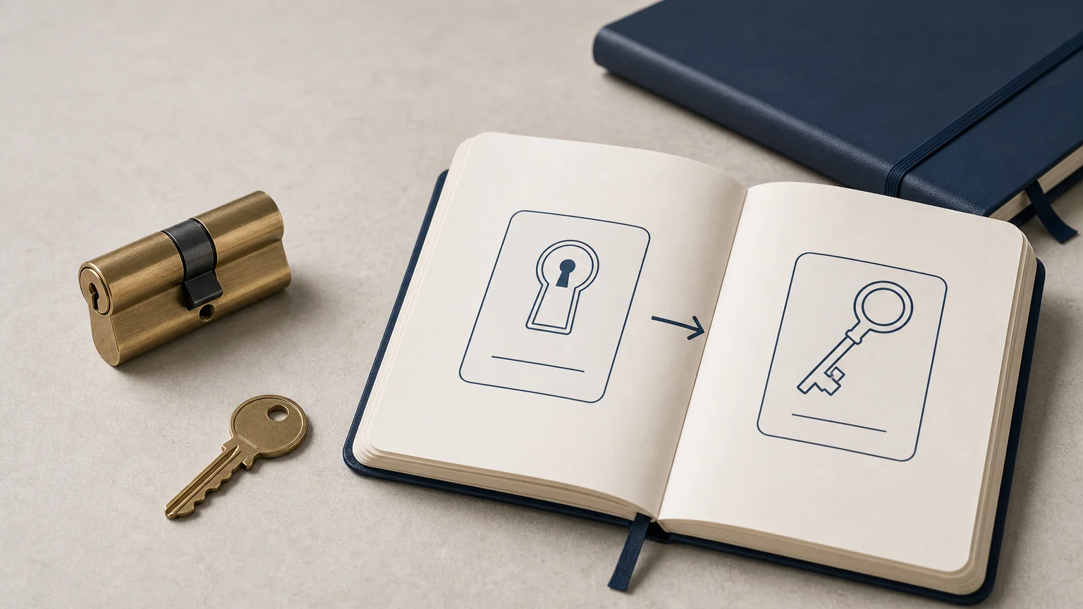 Illustration d’une serrure et d’un carnet de vocabulaire sur le métier de serrurier