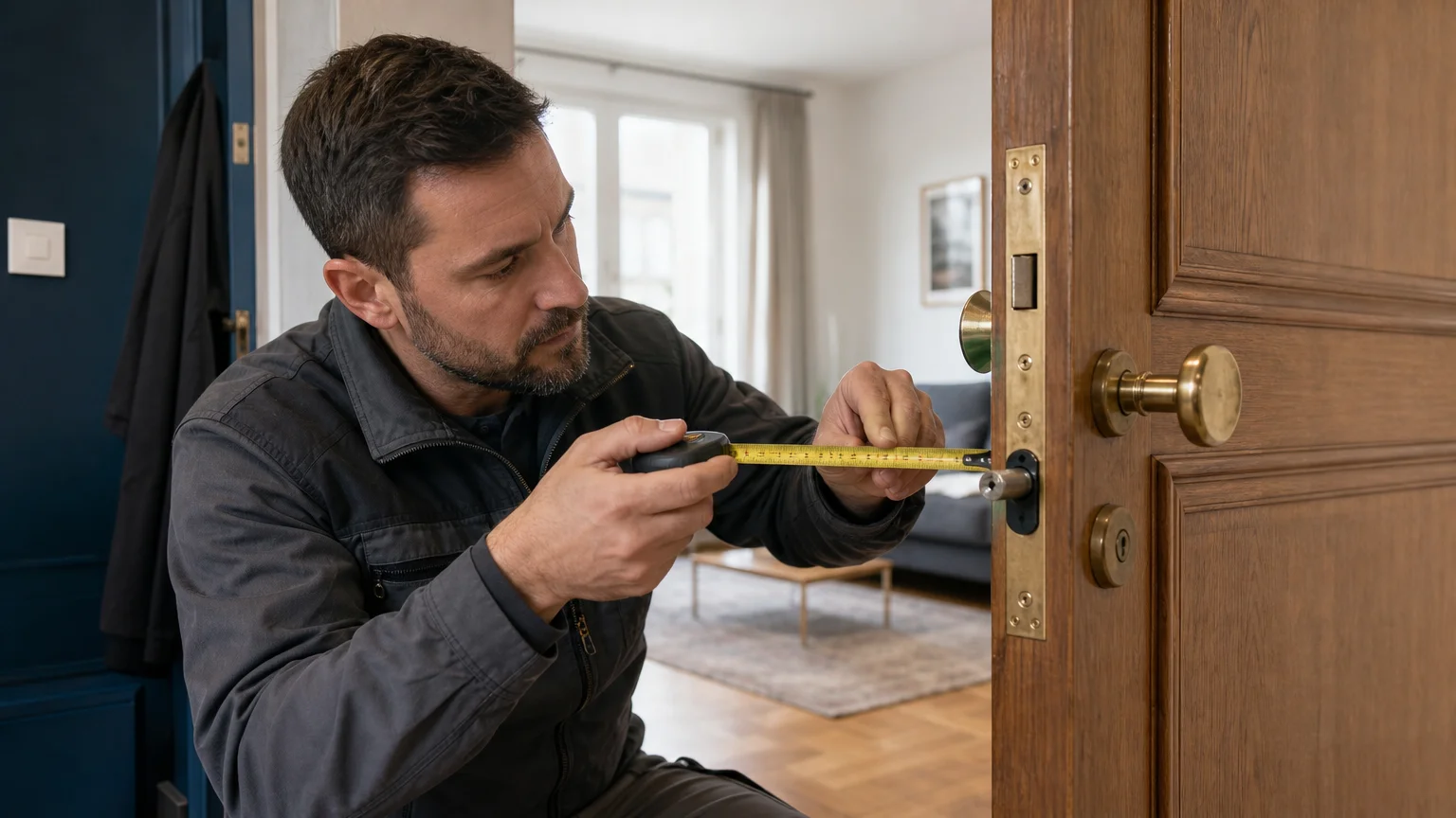 Serrurier mesurant une serrure sur une porte d’entrée