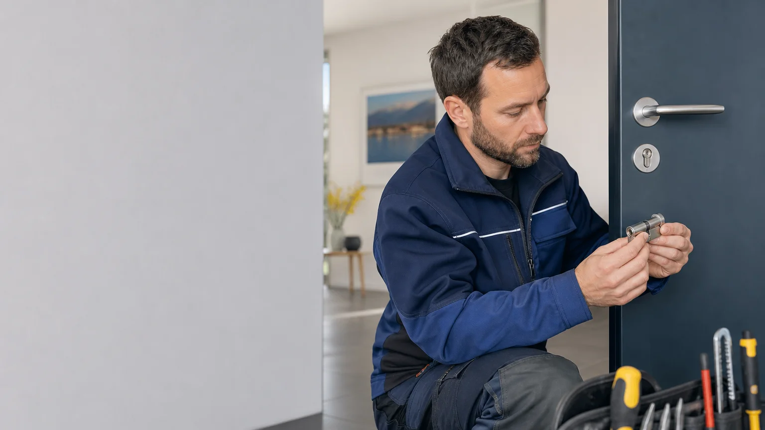 Serrurier professionnel préparant l’ouverture d’une porte dans un intérieur genevois