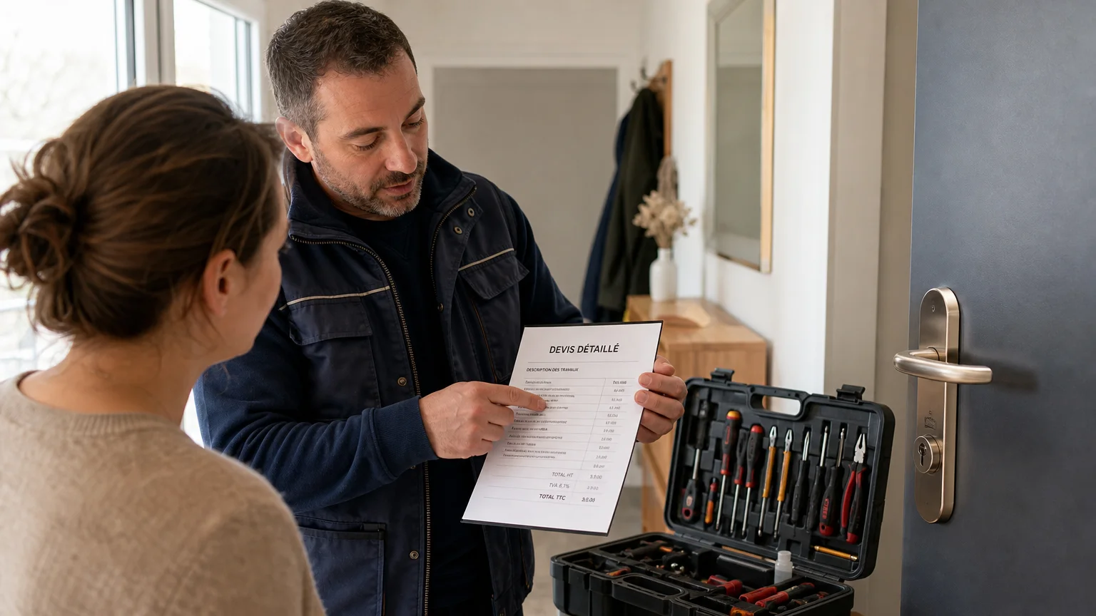 Technicien présentant un devis détaillé avant une intervention de serrurerie