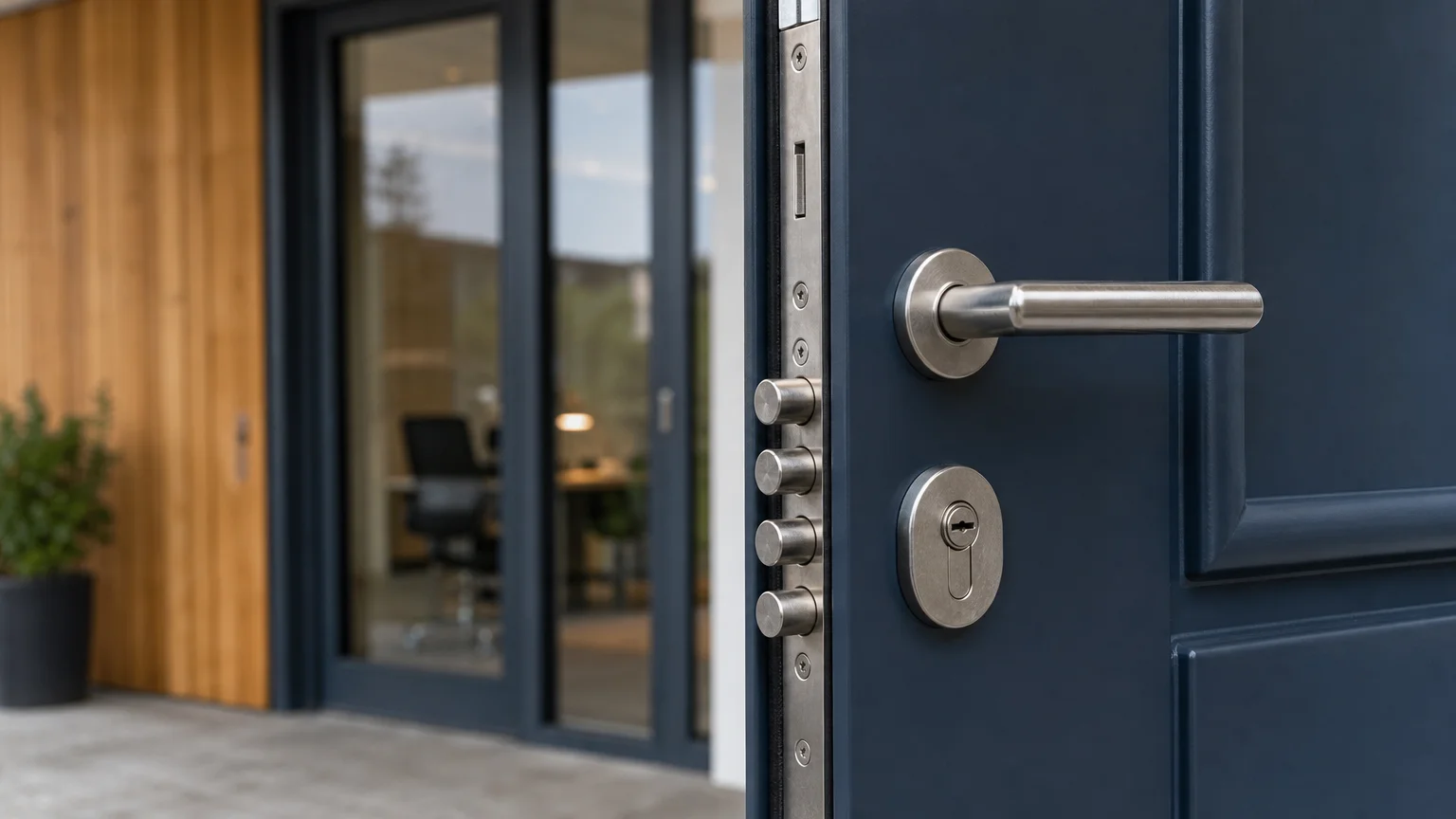 Serrure renforcée sur une porte d’entrée avec un bureau en arrière-plan
