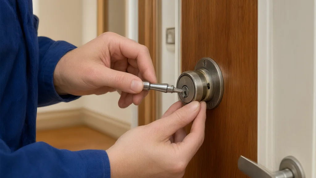 Technicien examinant une serrure de porte bloquée