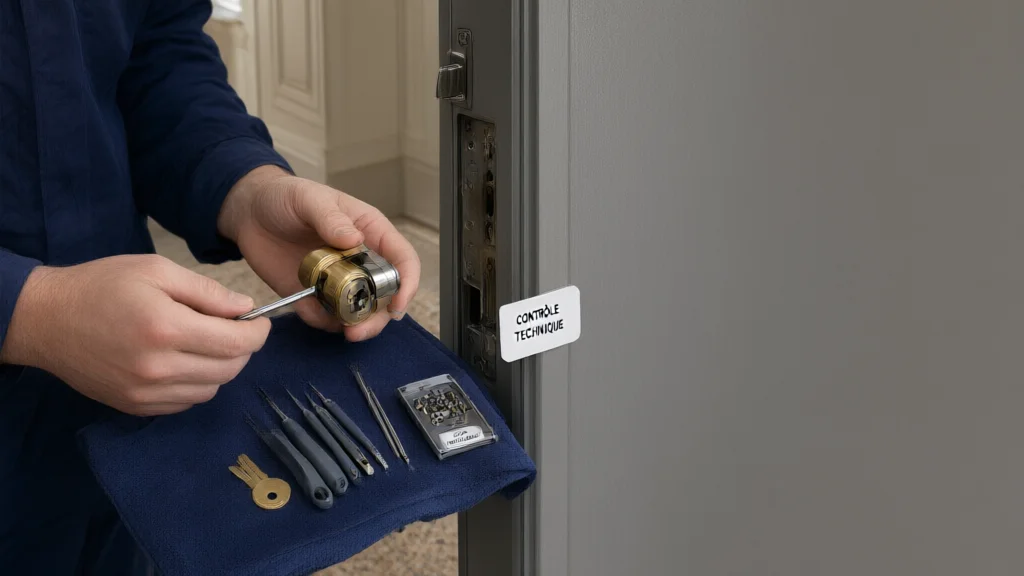 Technicien examinant un cylindre de serrure avant une ouverture professionnelle